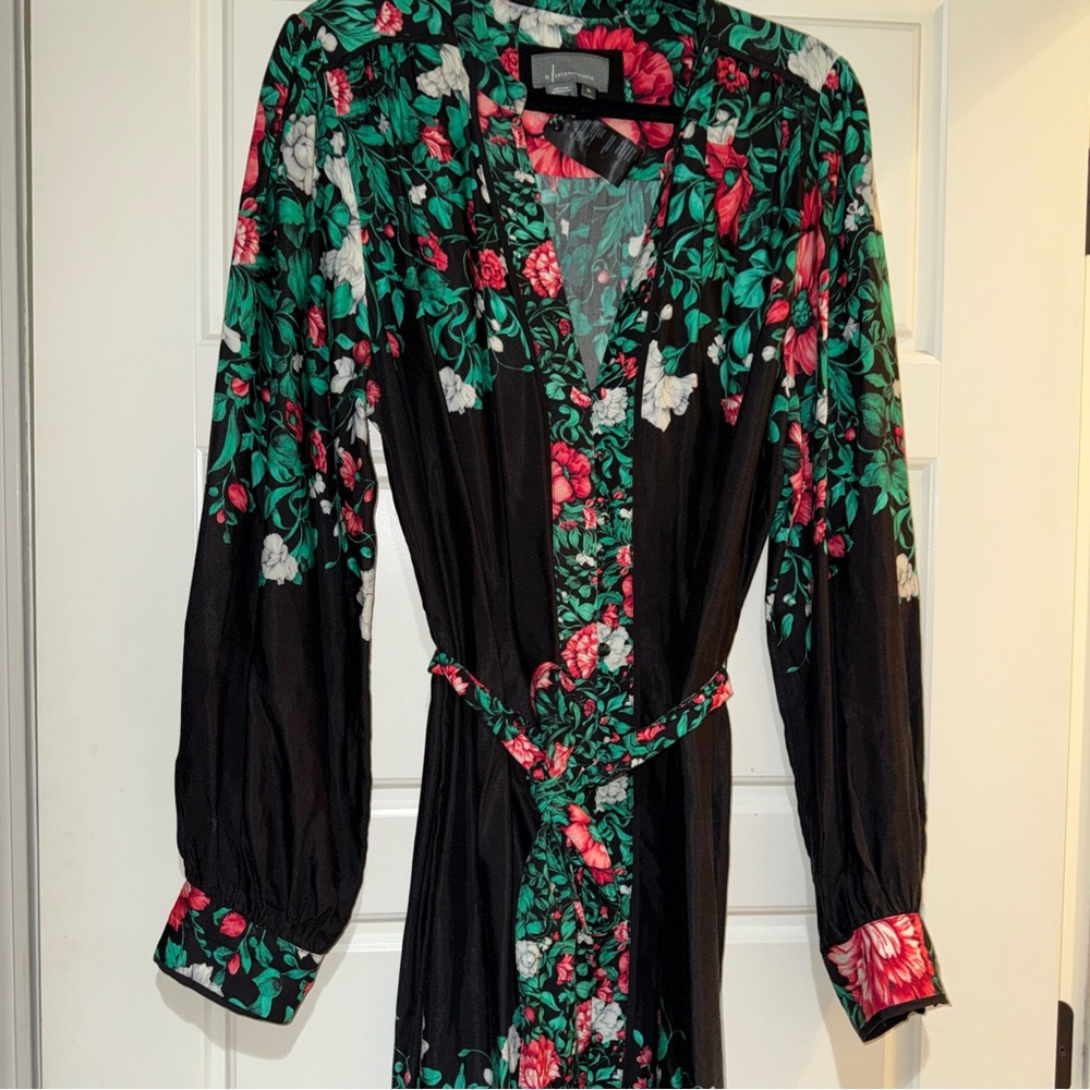 Anthropologie Green and Red Sheath Dress with Bishop Sleeves and V-Neck xl - Picture 9 of 9